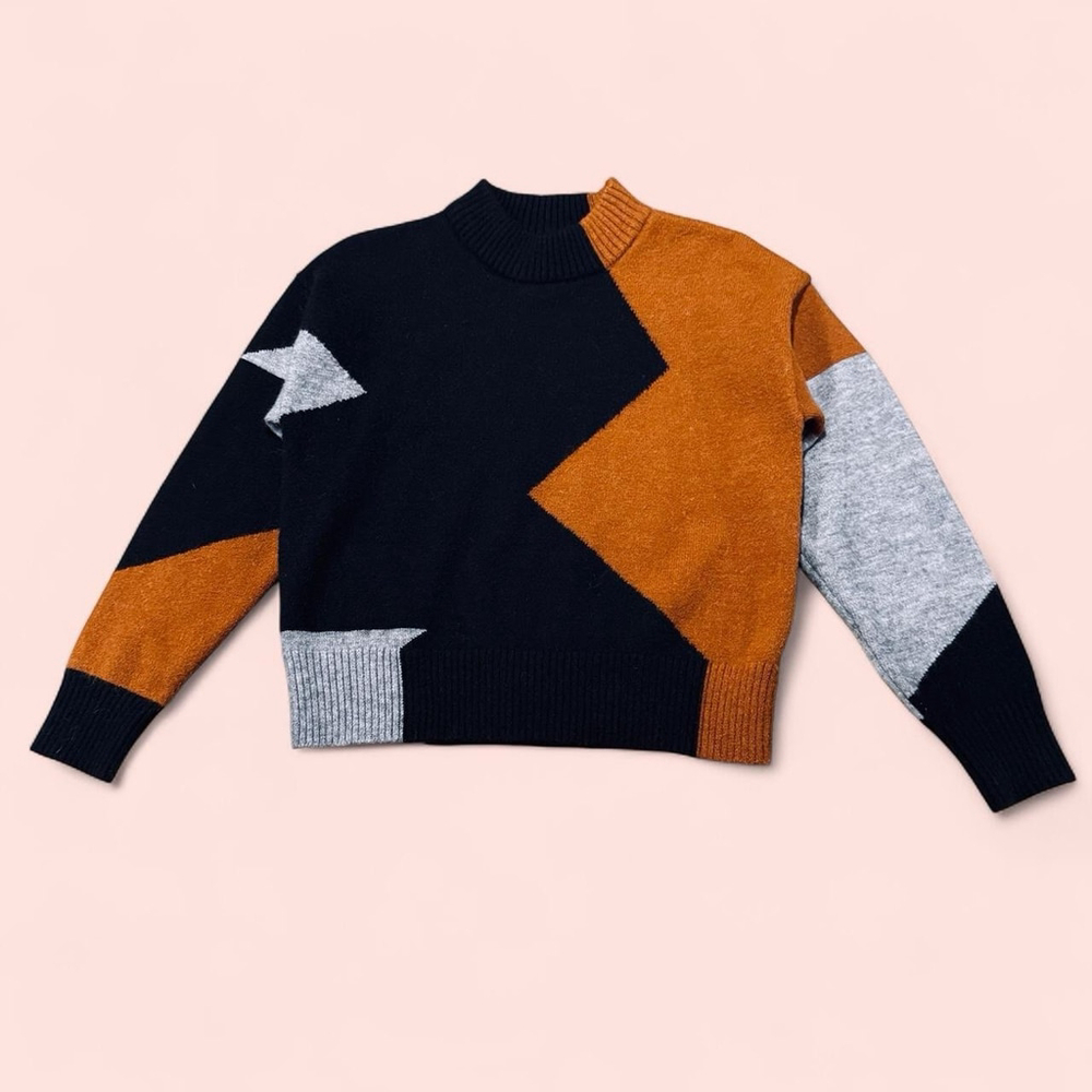 Andrée by Unit Colorblock Sweater Small Black Brown Gray Mock Neck Cozy